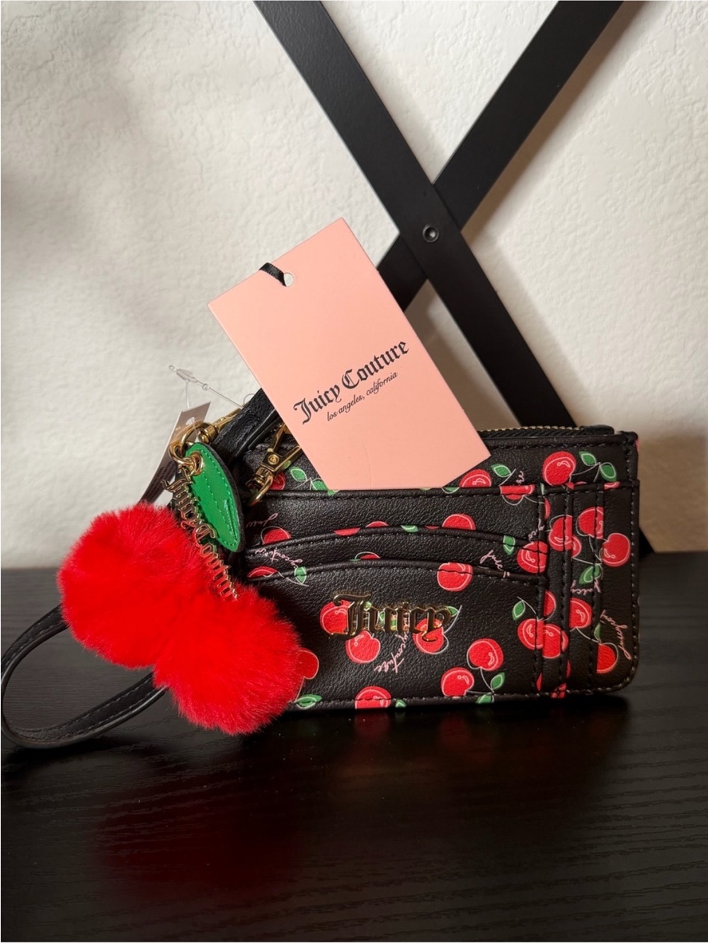 Juicy Couture Black Cherry Print Mini Cardholder Wristlet with Red Pom Pom